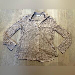 Sheer Mesh Lace Button Up Top Sheer True Cool Toned Nude Cream Color